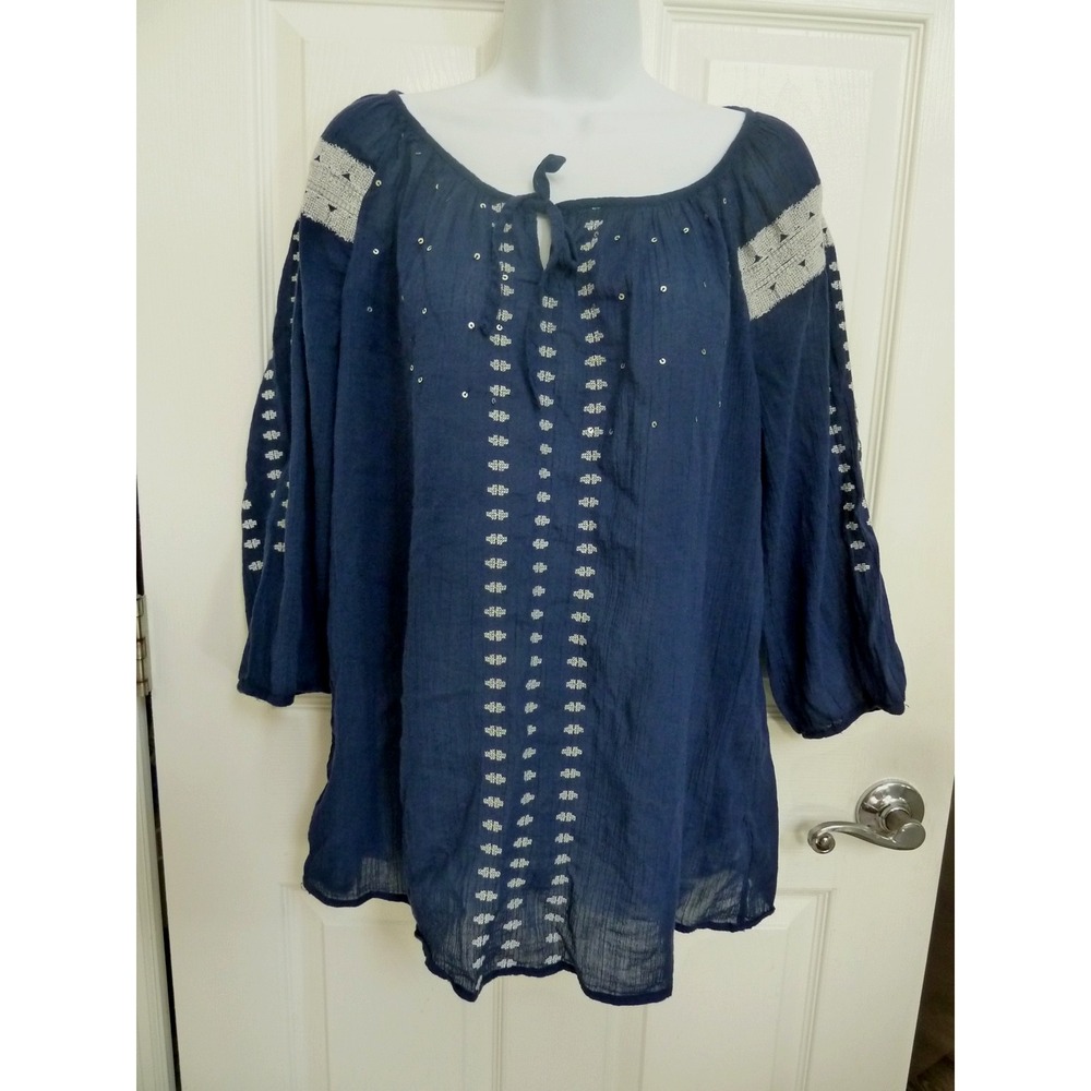 Old Navy Womens Large Blue Boho Peasant Blouse Beaded Embroidered 3/4 Sleeve Top